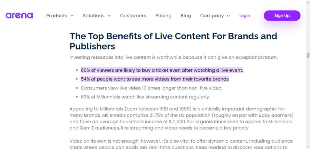 Screenshot of Arena article and stats on  buyer intention in relation to video content. 
