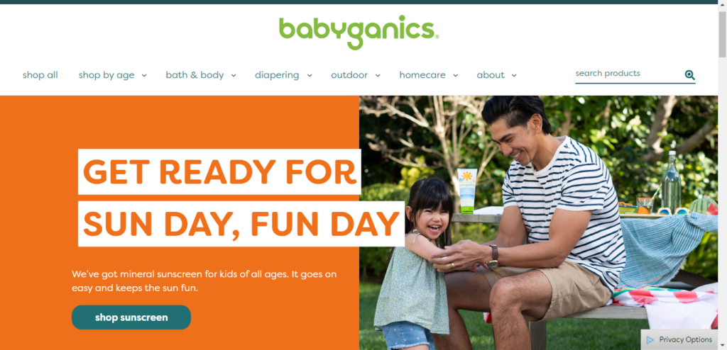 Screenshot of Babyganics homescreen highlighting their brand color scheme. 