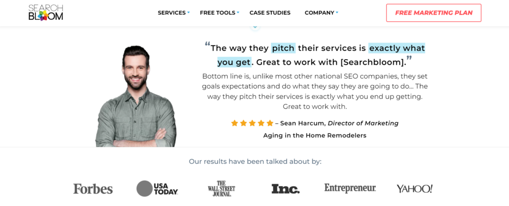 A screenshot of the Bloom landing page and a customers testimonial. 