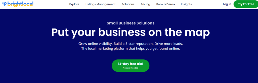 An image of th landing page for small business services for Brightlocal.