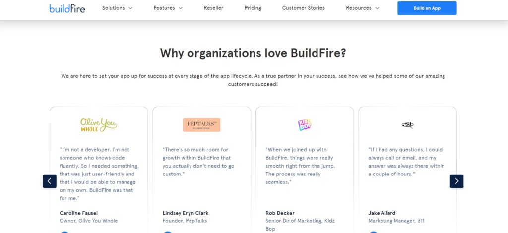 A screenshot of customer testimonials on BuildFires homepage. 