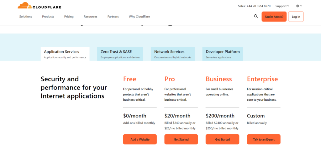 Cloudflare pricing page as of August 2023