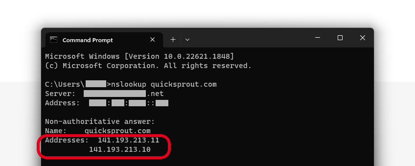 IP Addresses circled in red in a command prompt window. 