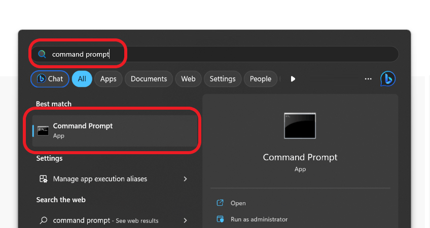 Search window on PC to find command prompt app.