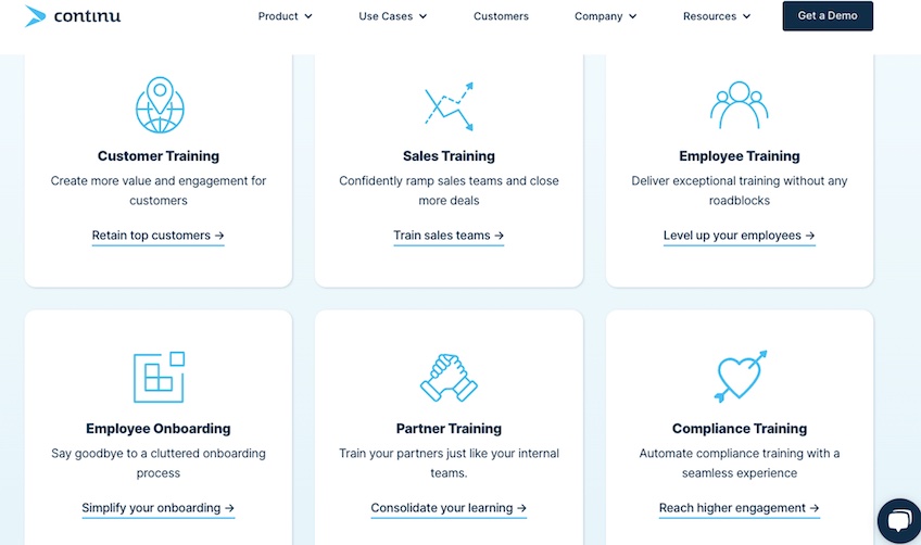 Six features of Continu, including employee training, partner training, and employee onboarding. 