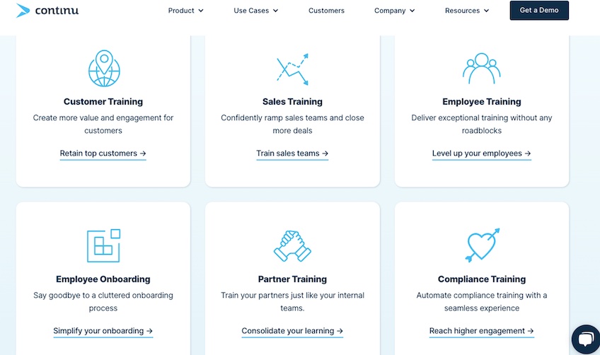 Six features of Continu, including employee training, partner training, and employee onboarding.
