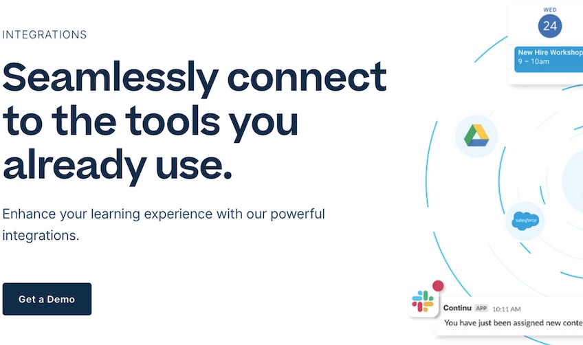 Continu integrations page with a "Get a Demo" button.