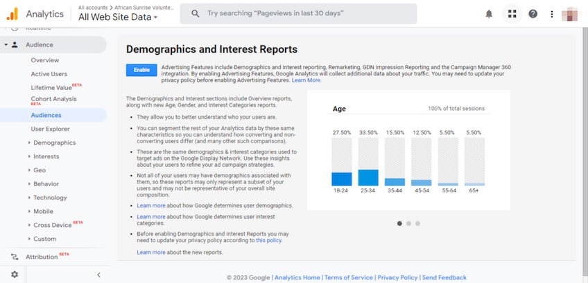 Google Analytics age range user data. 
