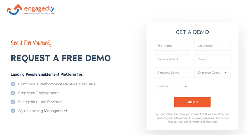 Request a free demo page with a form to submit.
