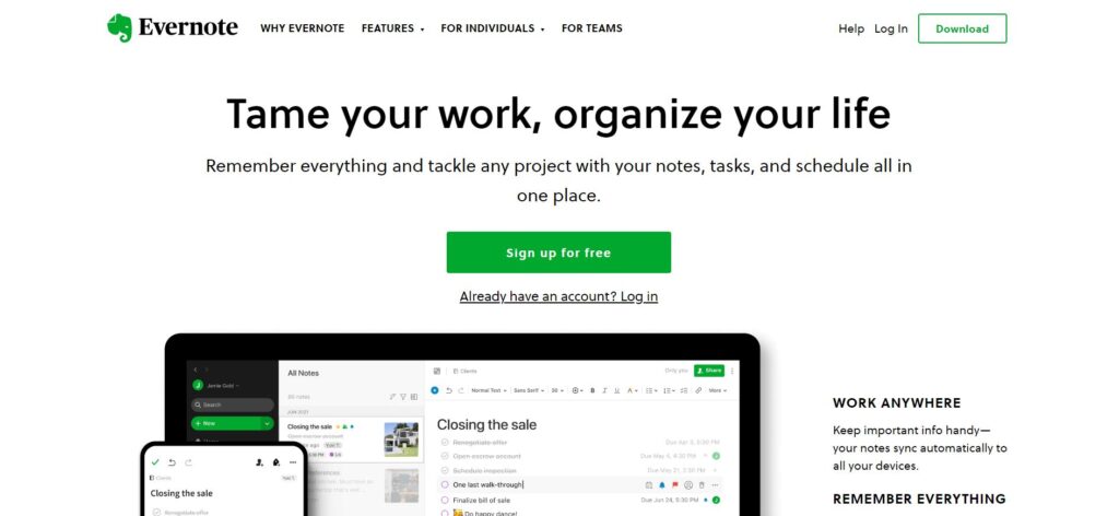 A screenshot of the Evernote homepage. 