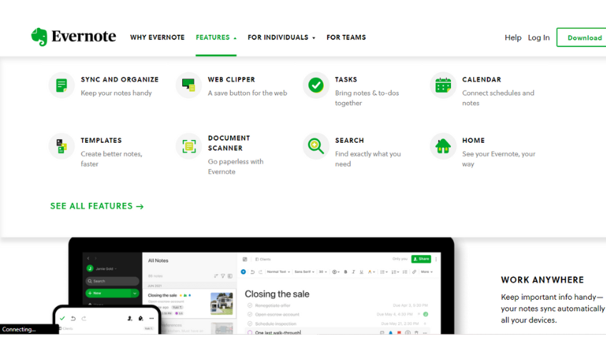 Screenshot of Evernote homepage detailing features. 
