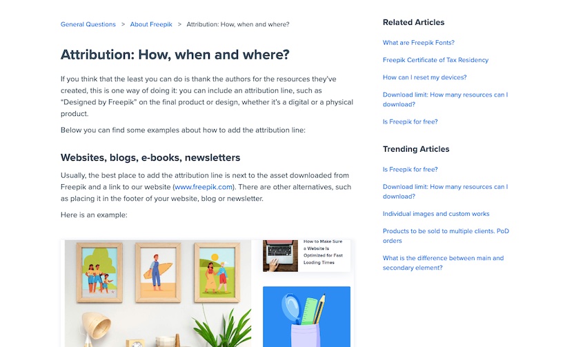 Screenshot of page with information about attribution.