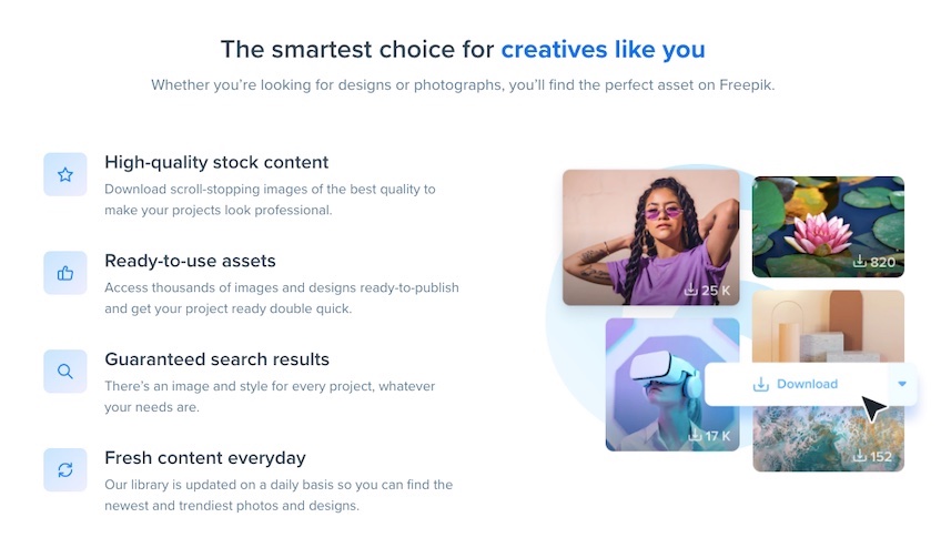 List of features that Freepik provides.