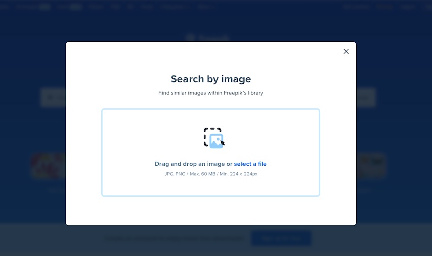Search by image page in Freepik interface. 