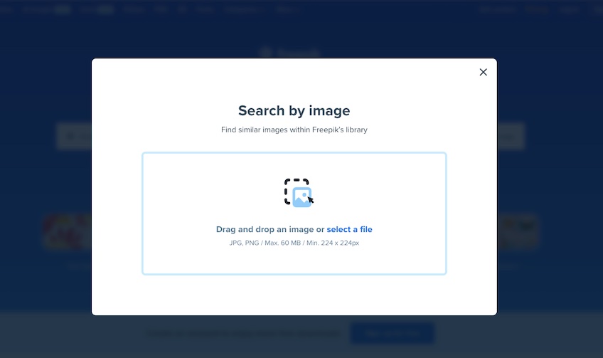 Search by image page in Freepik interface.