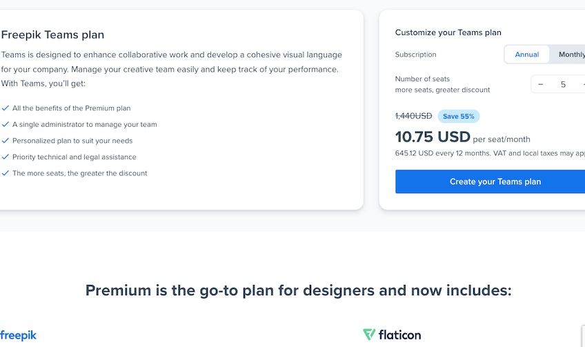 Freepik teams plan options.