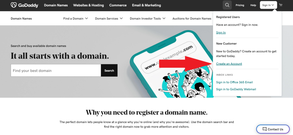 GoDaddy homepage with red arrows pointing to Sign in and Create an Account links