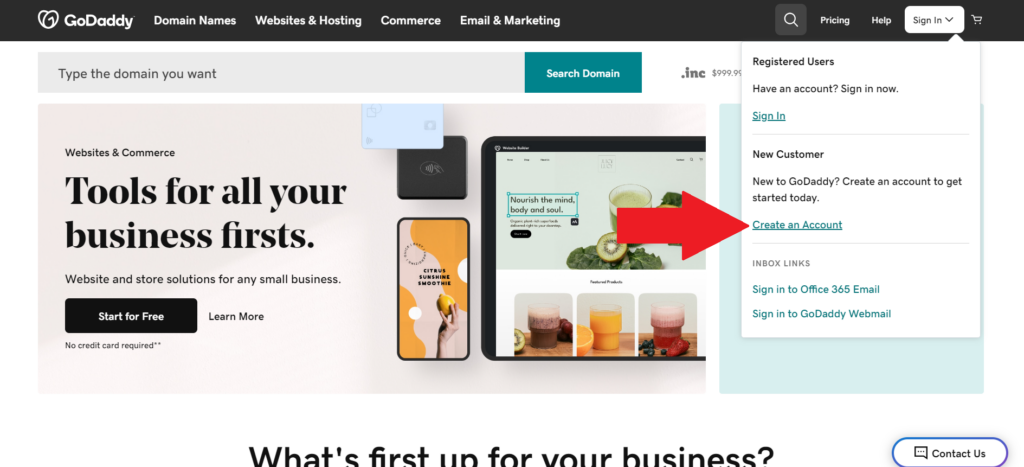 GoDaddy New Customer page with red arrow pointing to Create My Account button