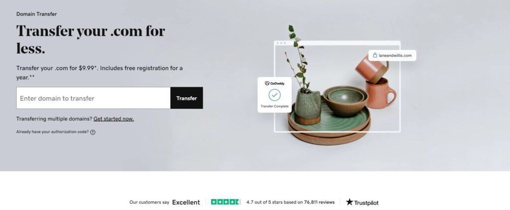 A screenshot of the GoDaddy domain transfer page. 
