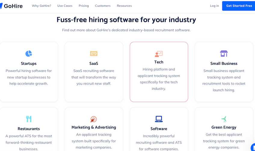 GoHire landing page for all of the industries they provide services to. 