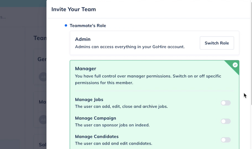 Invite your team option in GoHire.