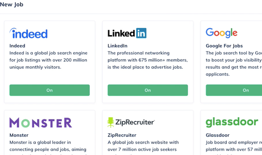 Job posting sites that you can post on from GoHire, including LinkedIn, Indeed, and Glassdoor. 