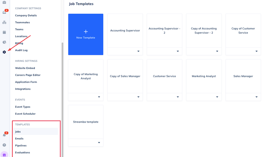 Job template page with options to choose from for various roles.