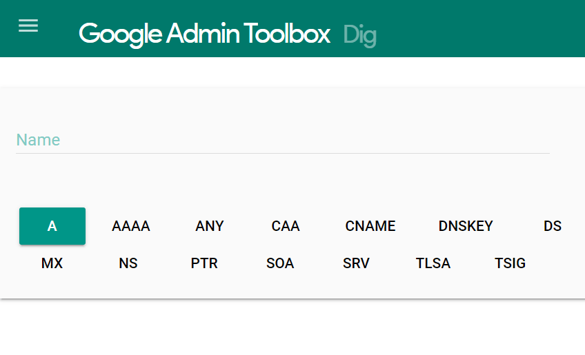 Google Admin Toolbox with Dig Tool ready to search for a site. 