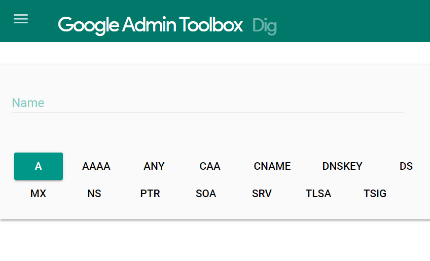 Google Admin Toolbox with Dig Tool ready to search for a site.