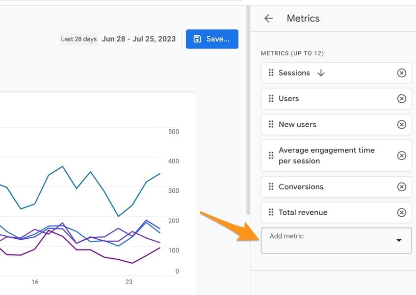 Orange arrow pointing an add metric box in Google Analytics. 