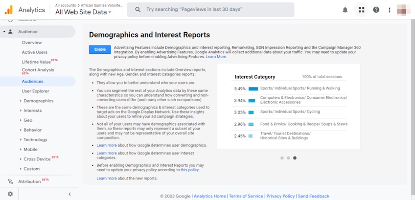 Google Analytics Demographics, providing information about audience interests. 