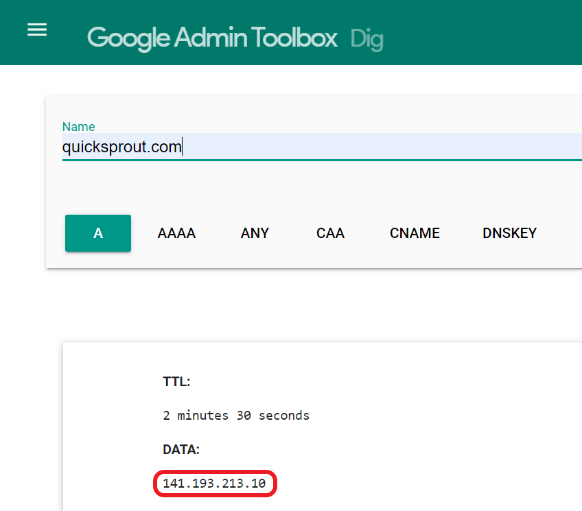 Google Admin Toolbox with the Dig Tool shown and searching for quicksprout.com. 