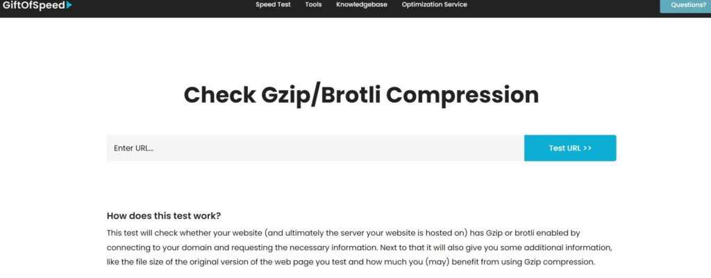Gift of Speed Gzip compression tool landing page screenshot. 