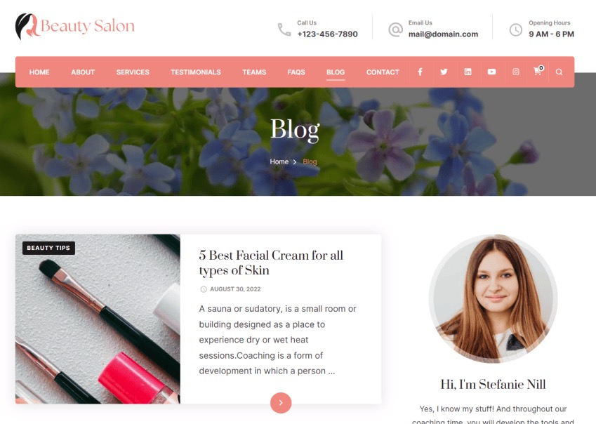 Beauty Salon blog page. 