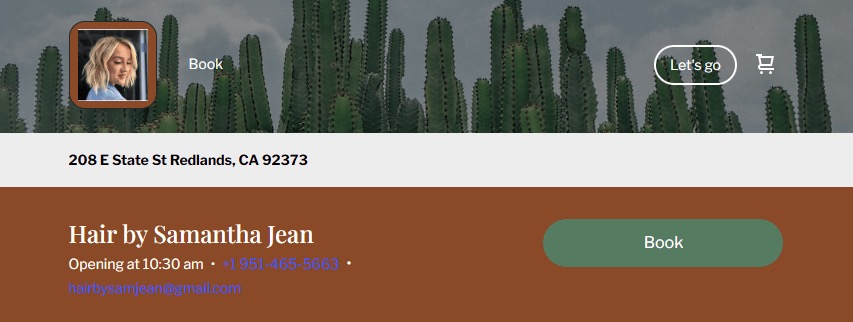 Screenshot of a salon site with an option to book a time with a stylist.