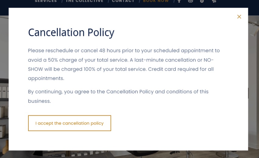 Cancellation policy screenshot for Revamp Salon. 