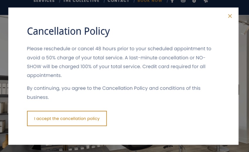 Cancellation policy screenshot for Revamp Salon.