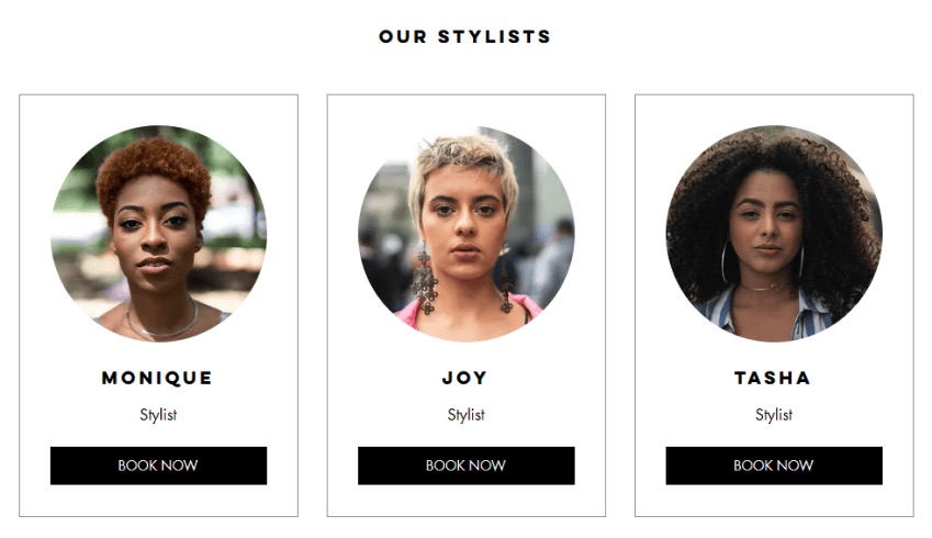 Stylists page with three pictures of stylists and a book now option. 