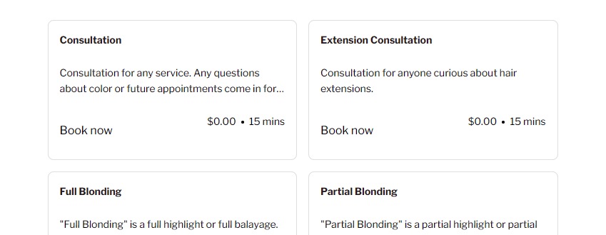 Options to book consultations with salon. 