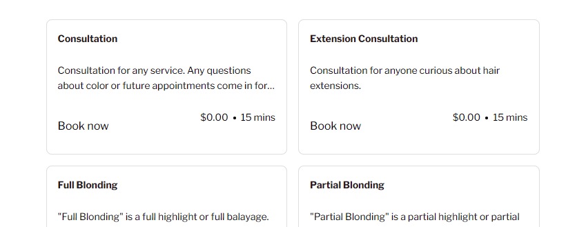 Options to book consultations with salon.