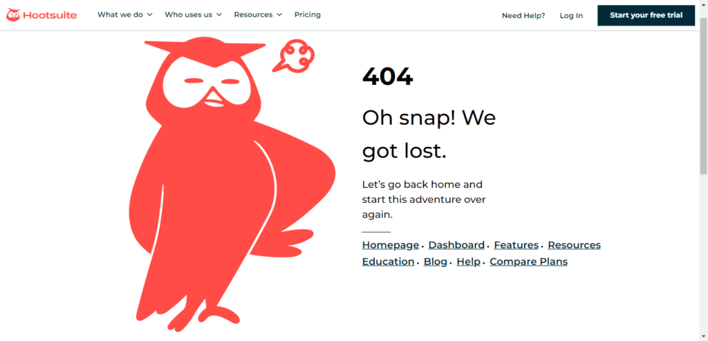 Screenshot of Hootsuite's 404 error page