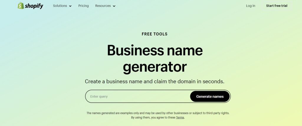 Shopify page for free business name generator.