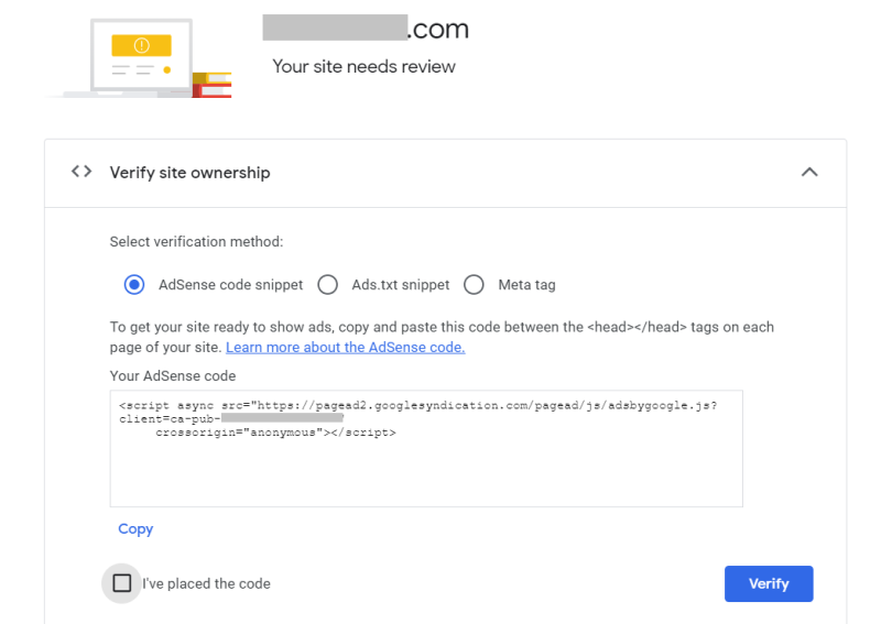 Google Adsense website verification page