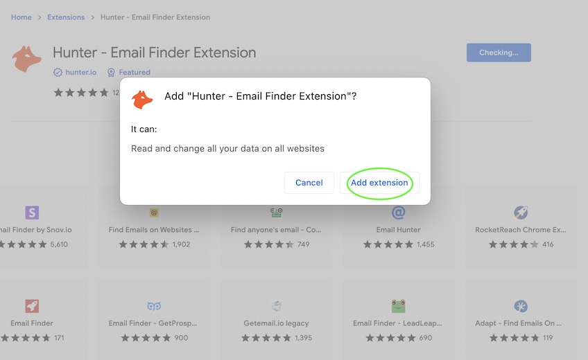 Add extension pop up for Hunter.io Chrome Extension.