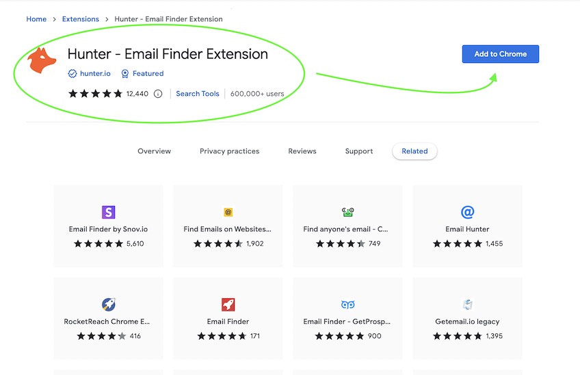 Add to Chrome page for Hunter - Email Finder Extension.