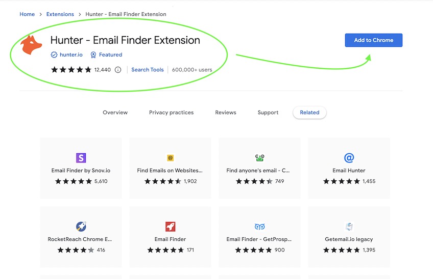 Add to Chrome page for Hunter - Email Finder Extension. 