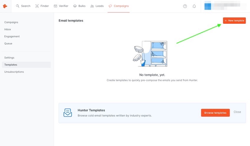 Email templates page with green arrow pointing to new template option.