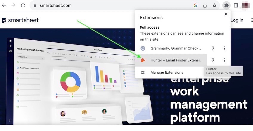 Green arrow pointing to Hunter extension in list of extensions available to use in Google Chrome.