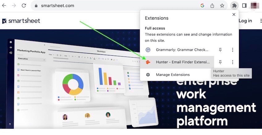 Green arrow pointing to Hunter extension in list of extensions available to use in Google Chrome. 