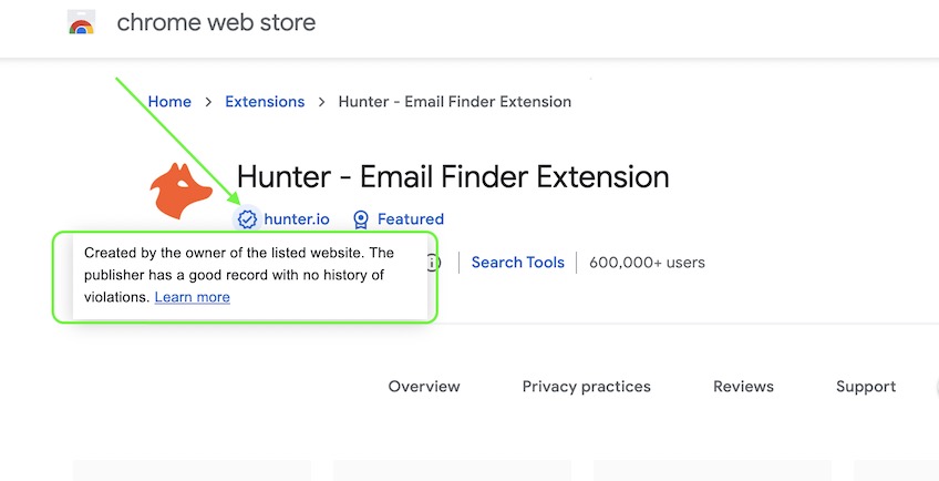 Arrow pointing to verified extension information for Hunter.io. 